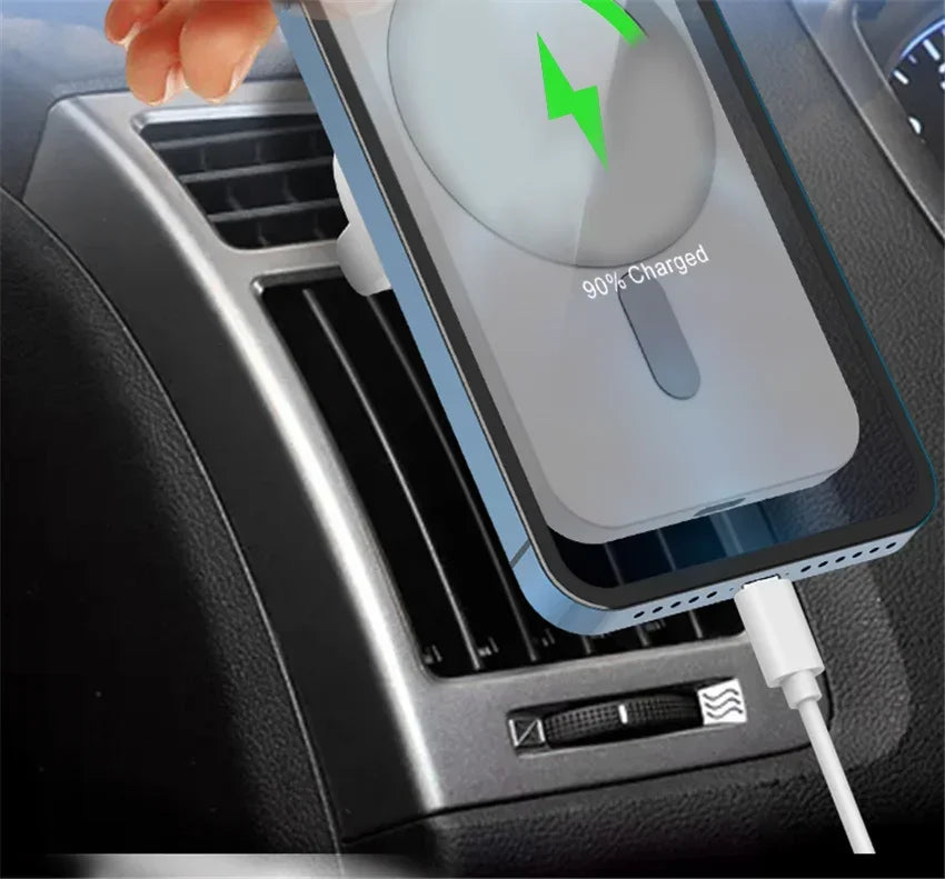 Cargador Inalámbrico Magnético para Auto, compatible con iPhone 12 o superior, y modelos inferiores (Lea más abajo*). Carga Rápida de 15W.